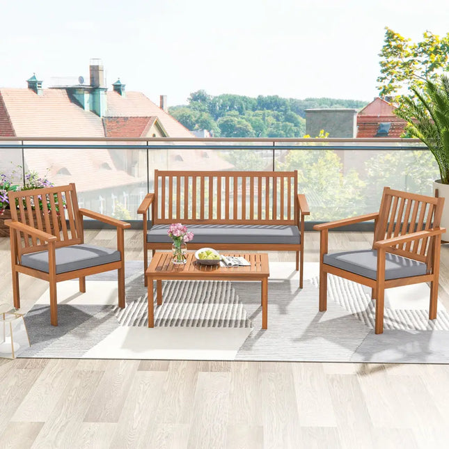 4 Piece Patio Wood Furniture Set Acacia Wood Sofa Set with Loveseat-Gray - Gray - Patio Conversation Sets
