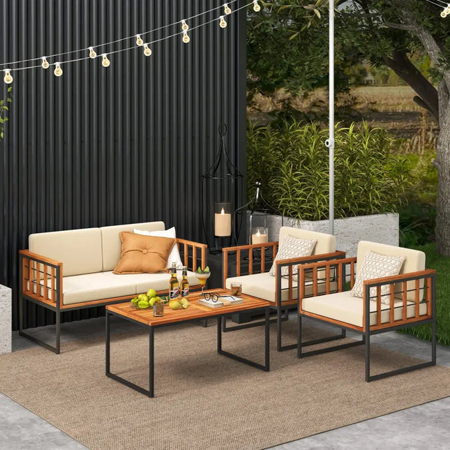 4 Pieces Acacia Wood Outdoor Sofa Set for Balcony Porch Backyard Poolside - Outdoor Sectionals