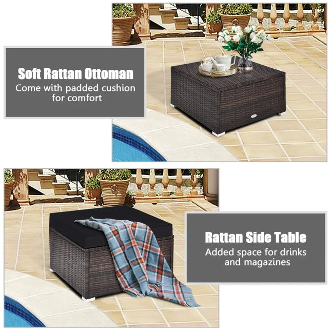 4 Pieces Ottoman Garden Patio Rattan Wicker Furniture Set with Cushion-Black - Black - Outdoor Sectionals