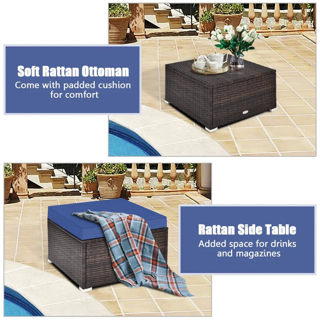 4 Pieces Ottoman Garden Patio Rattan Wicker Furniture Set with Cushion-Navy - Navy - Outdoor Sectionals