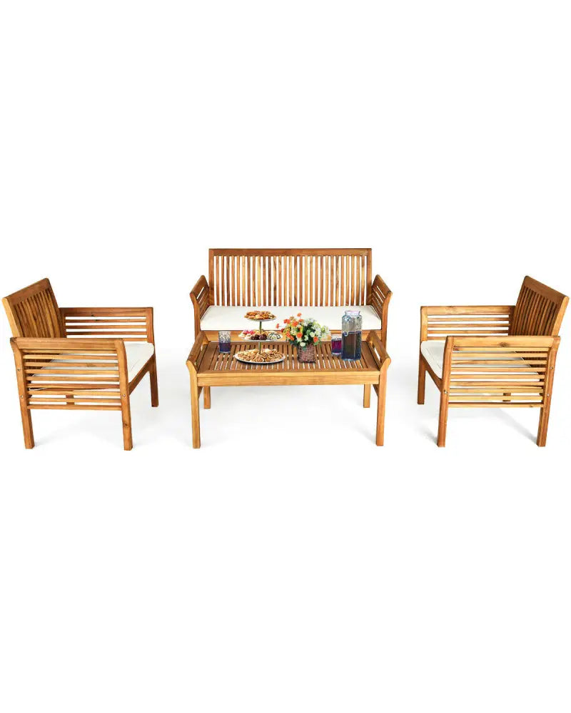 4 Pieces Outdoor Acacia Wood Sofa Furniture Set - Patio Conversation Sets