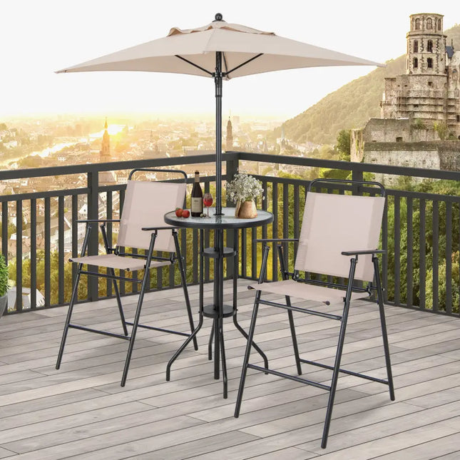 4 Pieces Outdoor Bar Set with Umbrella-Beige - Beige - Patio Bar Furniture