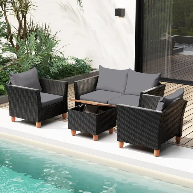 4 Pieces Outdoor Conversation Set with Storage Coffee Table-Gray - Gray - Patio Furniture Sets