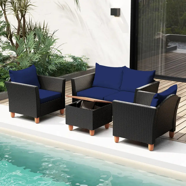 4 Pieces Outdoor Conversation Set with Storage Coffee Table-Navy - Navy - Patio Furniture Sets