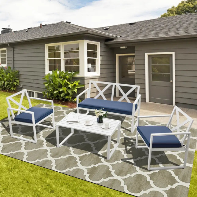 4 Pieces Outdoor Conversation Set with Sturdy Steel Frame - White - Patio Conversation Sets