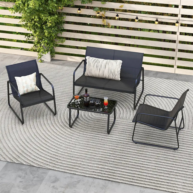 4 Pieces Outdoor Conversation Set with Tempered Glass Coffee Table-Black - Black - Patio Conversation Sets