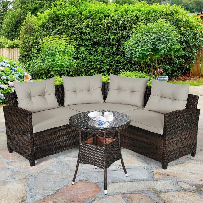 4 Pieces Outdoor Cushioned Rattan Furniture Set-Brown - Brown - Outdoor Sectionals