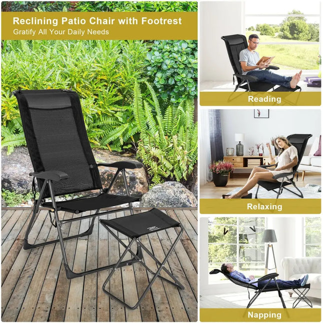 4 Pieces Patio Adjustable Back Folding Dining Chair Ottoman Set-Black - Black - Patio Dining Chairs
