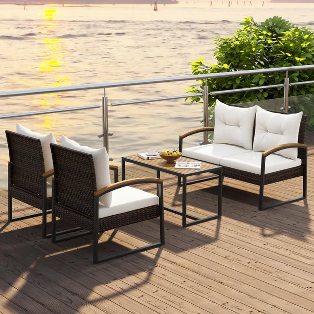4 Pieces Patio Conversation Set with Acacia Wood Armrests and Tabletop and Cushions-White - White - Patio Conversation