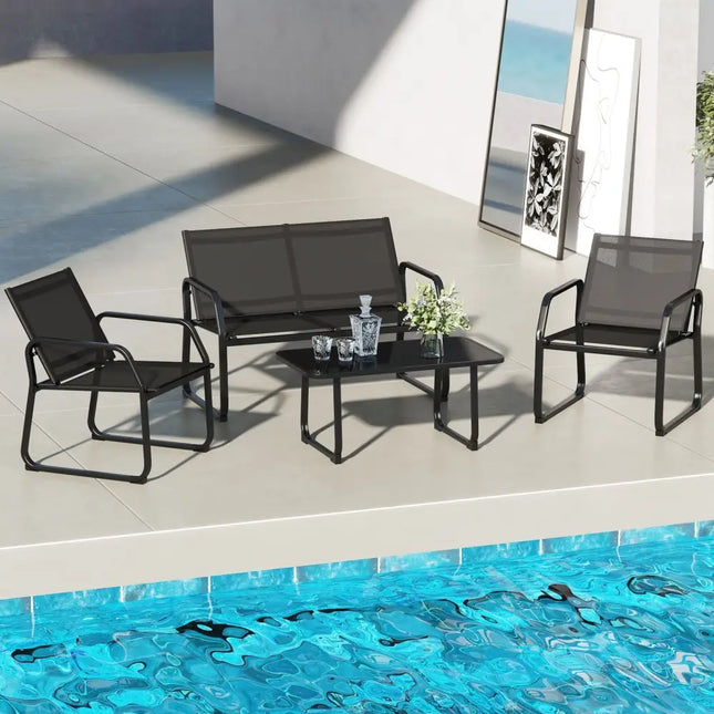 4 Pieces Patio Conversation Set with Breathable Fabric Seat and Tempered Glass Tabletop-Black - Black - Patio