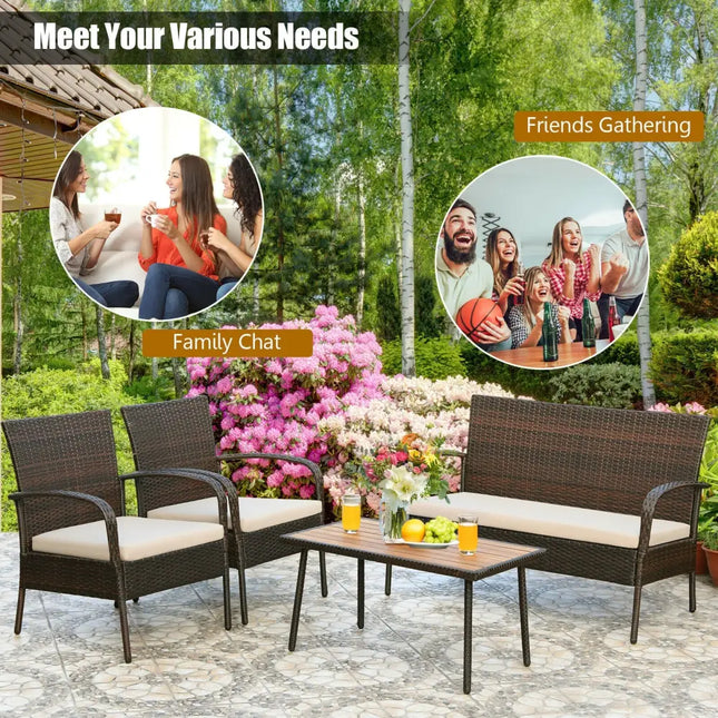 4 Pieces Patio Cushioned Wicker Conversation Set with Acacia Wood Tabletop - Brown - Patio Conversation Sets