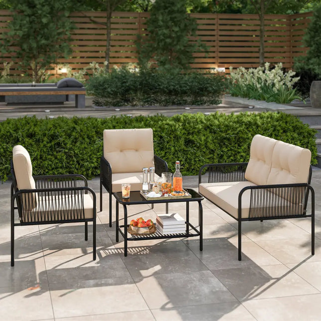 4 Pieces Patio Furniture Set PE Rattan Sofa Chairs with Loveseat-Beige - Beige - Patio Conversation Sets