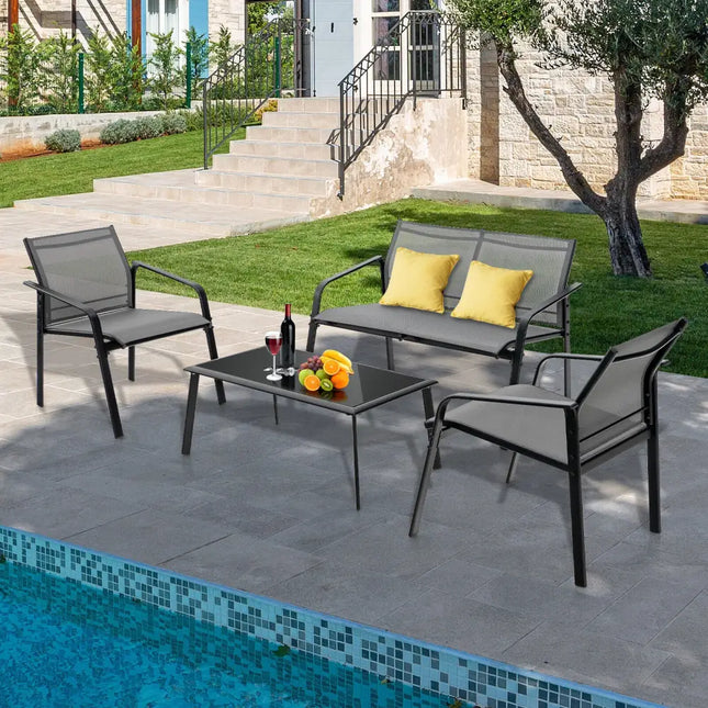 4 Pieces Patio Furniture Set with Armrest Loveseat Sofas and Glass Table Deck-Gray - Gray - Patio Conversation Sets