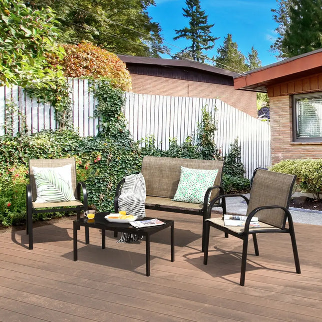 4 Pieces Patio Furniture Set with Glass Top Coffee Table-Brown - Brown - Patio Conversation Sets