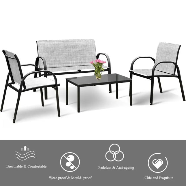 4 Pieces Patio Furniture Set with Glass Top Coffee Table-Gray - Gray - Patio Conversation Sets