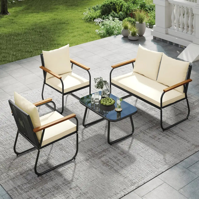 4 Pieces Patio Furniture Set with Tempered Glass Coffee Table - Off White - Patio Conversation Sets