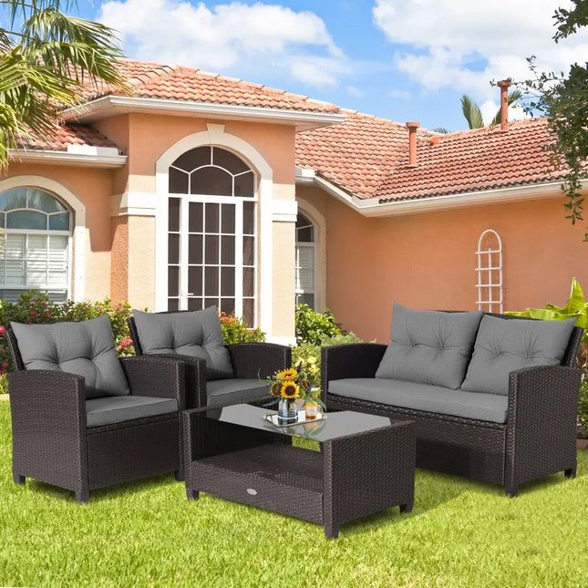 4 Pieces Patio Rattan Conversation Furniture Set with Glass Top Coffee Table-Gray - Gray - Patio Conversation Sets