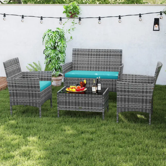 4 Pieces Patio Rattan Conversation Set with Tempered Glass Coffee Table-Turquoise - Turquoise - Patio Conversation Sets