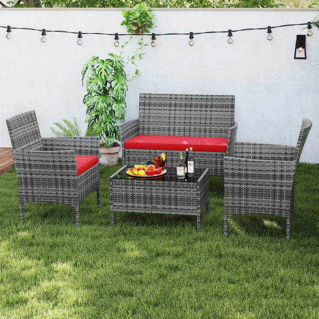 4 Pieces Patio Rattan Conversation Set with Tempered Glass Coffee Table-Red - Red - Patio Conversation Sets