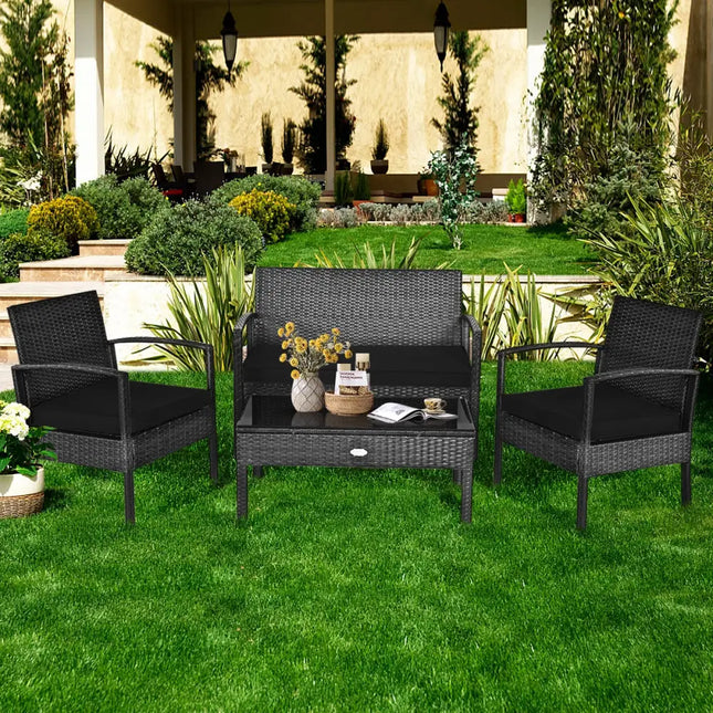 4 Pieces Patio Rattan Cushioned Furniture Set-Black - Black - Patio Conversation Sets