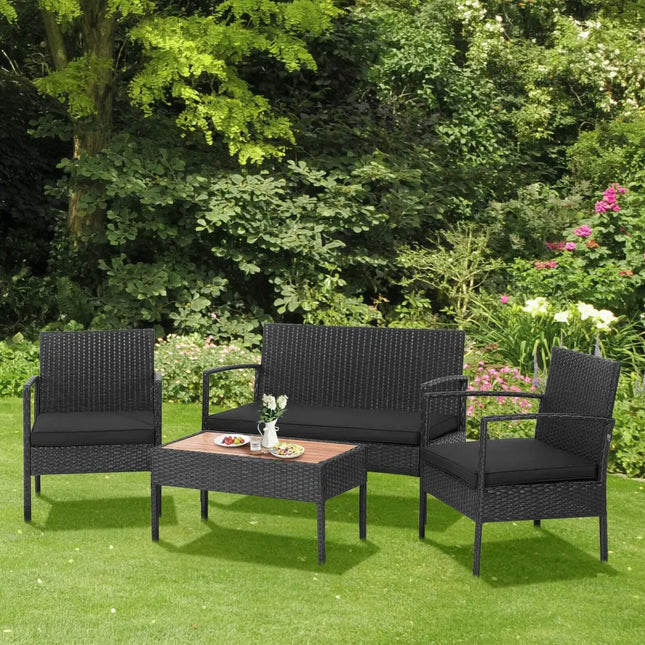 4 Pieces Patio Rattan Cushioned Furniture Set with Wooden Tabletop - Black - Patio Conversation Sets