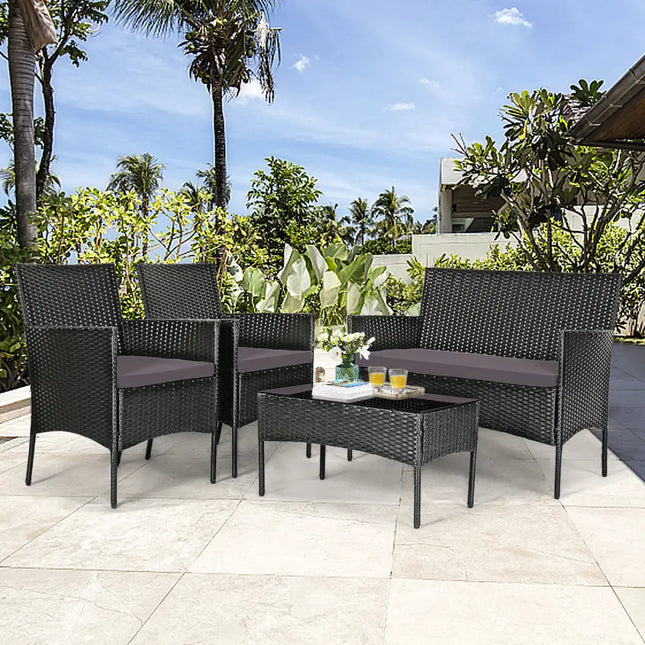 4 Pieces Patio Rattan Cushioned Sofa Set with Tempered Glass Coffee Table-Gray & Off White - Gray & Off White - Patio