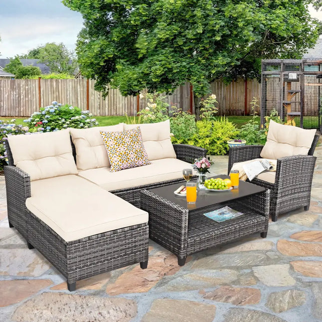 4 Pieces Patio Rattan Furniture Set with Cushion and Table Shelf-Off White - Off White - Outdoor Sectionals