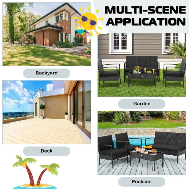4 Pieces Patio Rattan Furniture Set with Cushion - Black - Patio Conversation Sets