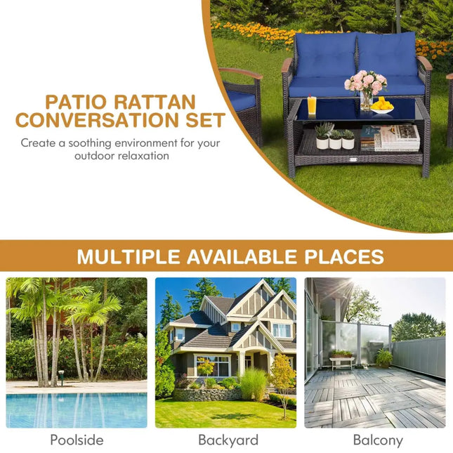 4 Pieces Patio Rattan Furniture Set with Cushioned Sofa and Storage Table-Navy - Navy - Patio Conversation Sets