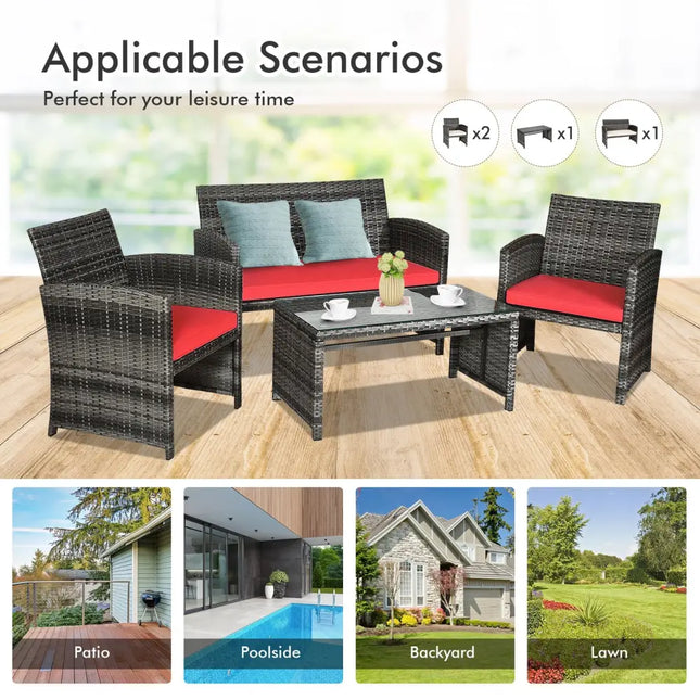 4 Pieces Patio Rattan Furniture Set with Cushions-Red - Red - Patio Furniture Sets