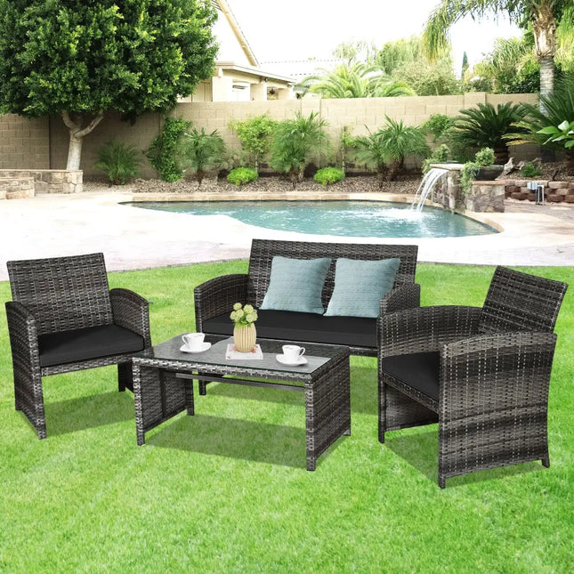 4 Pieces Patio Rattan Furniture Set with Glass Table and Loveseat-Black - Black - Patio Furniture Sets