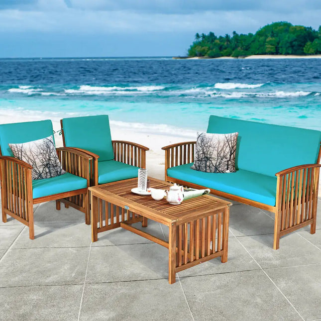 4 Pieces Patio Solid Wood Furniture Set-Blue - Blue - Patio Conversation Sets