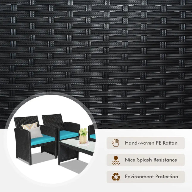 4 Pieces Rattan Patio Furniture Set with Weather Resistant Cushions and Tempered Glass Tabletop-Turquoise - Turquoise