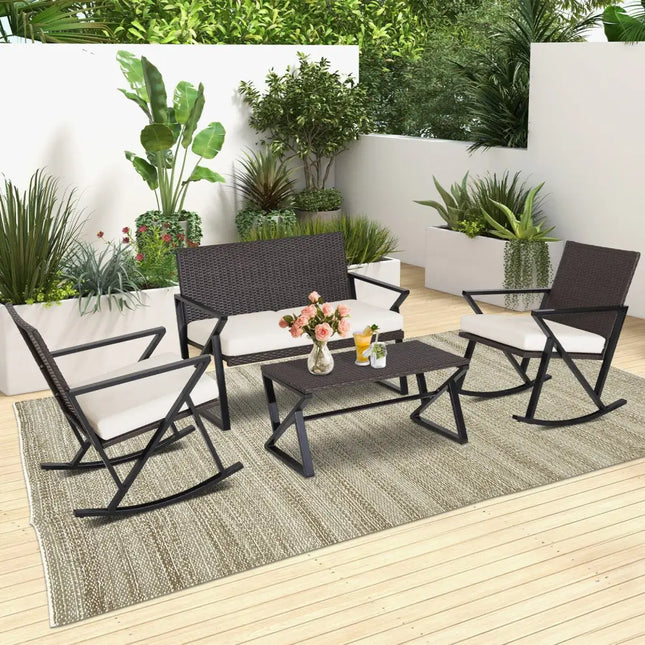 4 Pieces Rattan Patio Rocking Furniture Set with Loveseat and Coffee Table - Off White - Patio Conversation Sets