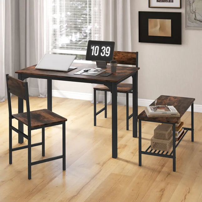 4 Pieces Rustic Dining Table Set with 2 Chairs and Bench-Rustic Brown Costway