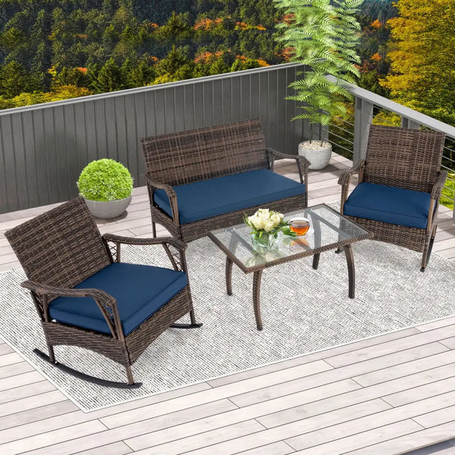4 Pieces Wicker Rocking Set with Bungee Rope Seat for Porch Yard-Navy - Navy - Patio Conversation Sets