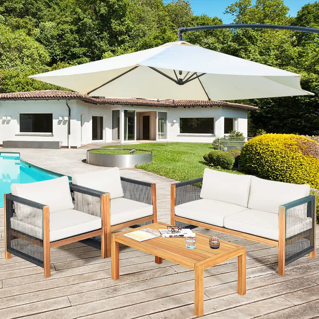 4 Pieces Wood Outdoor Patio Furniture Set with Cushions for Garden-Turquoise - Turquoise - Patio Furniture Sets