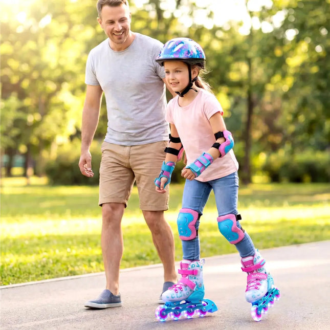 4-Size Adjustable Illuminating Kids Inline Skates with Light Up Wheels-Blue and Pink - Pink & Blue - Toy Sports