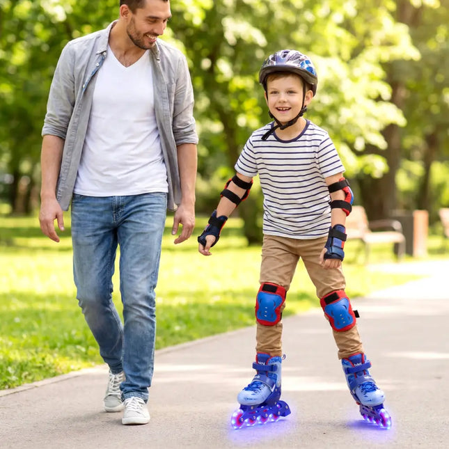 4-Size Adjustable Illuminating Kids Inline Skates with Light Up Wheels-Blue - Blue - Toy Sports