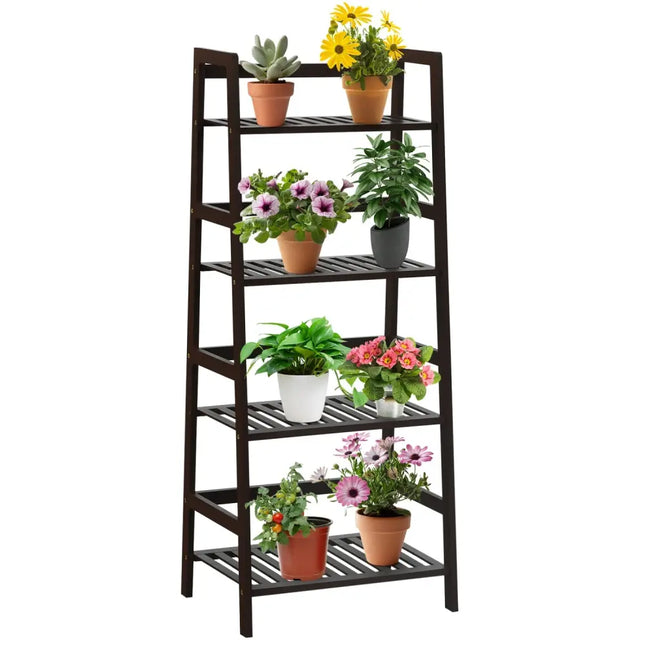 4-Tier Bamboo Plant Rack with Guardrails Stable and Space-Saving-Brown - Brown - Plant Stands