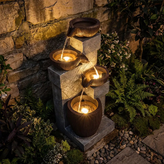 4-Tier Cascading Bowl Outdoor Water Fountain with LED Lights - Outdoor Decor