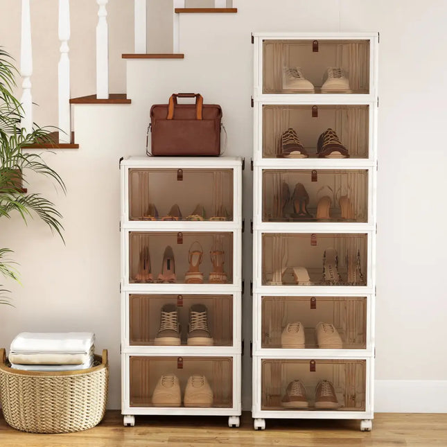 4-Tier Collapsible Shoe Box Lid Doors and Lockable Wheels-White - White - Shoe Racks & Storage Benches