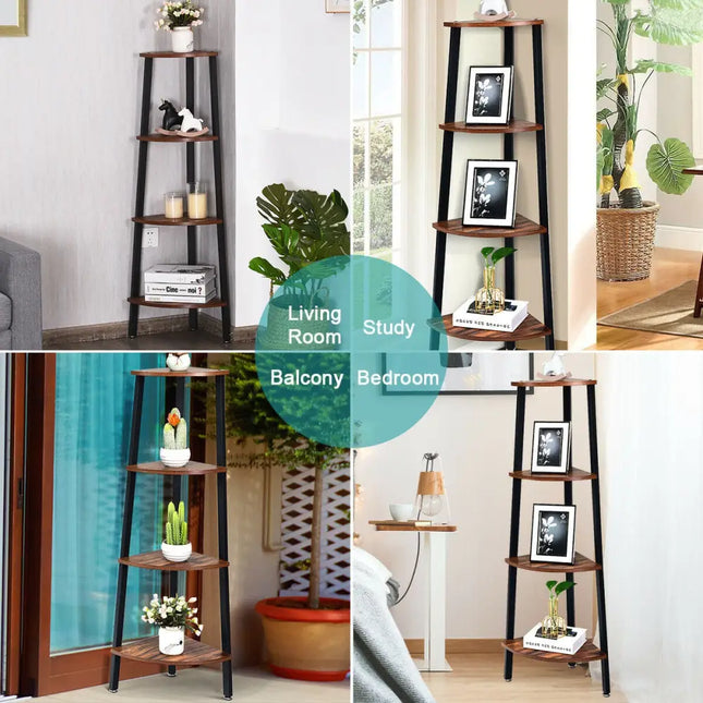 4-Tier Corner Shelf Metal Storage Rack Domestic Bookcase-Brown Costway