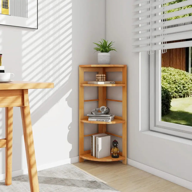 4-Tier Corner Shelf with Rubber Wood Frame and Anti-Toppling Kit Costway