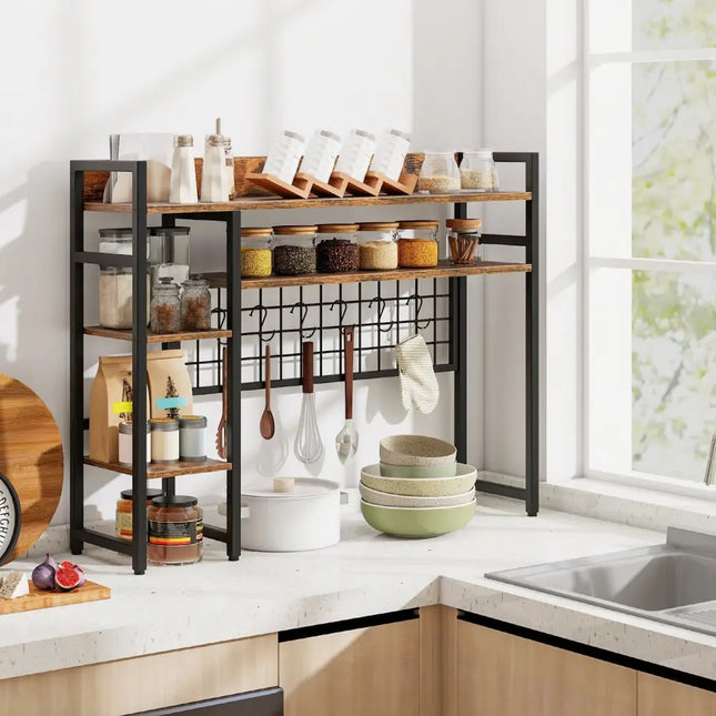 4-Tier Desk Shelf Desktop Display Rack with Metal Grid Panel and 6 Hooks-Rustic Brown Costway