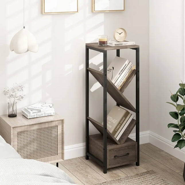 4 Tier Floor Tree Bookshelf with Drawer and Metal Frame-Gray Costway