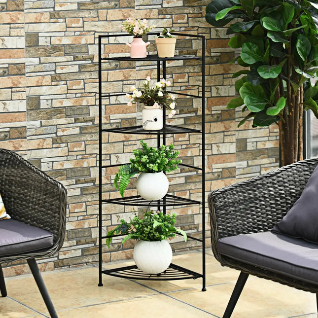 4 Tier Folding Metal Shelf Plant Stand Storage Open Shelf Corner Display Rack - Black - Plant Stands