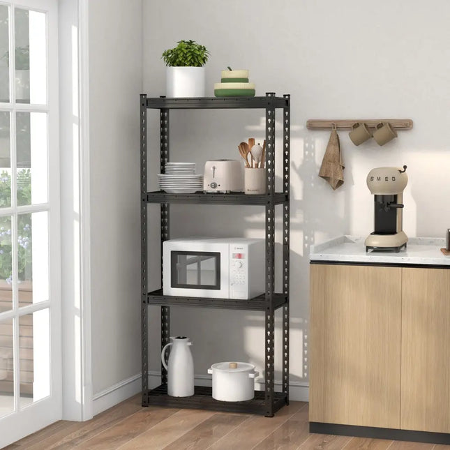 4-Tier Metal Shelving Unit with Anti-slip Foot Pad and Anti-tipping Device-Black - Black - Garages