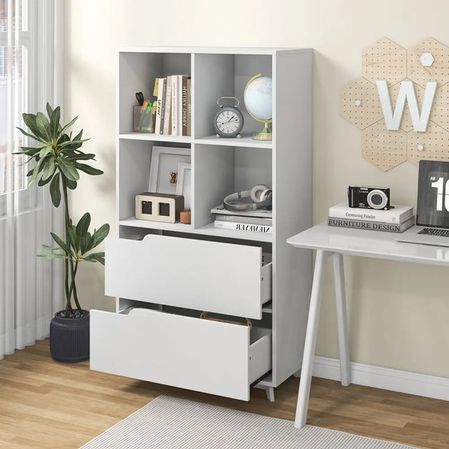 4-Tier Open Bookcase with 2 Drawers and 4 Storage Cubes-White Costway