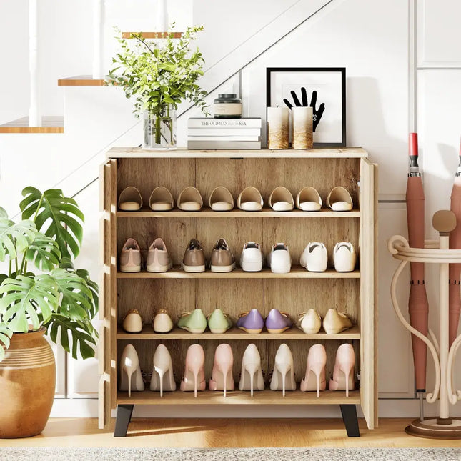 4-Tier Shoe Cabinet 2-Door Storage Organizer with Louvered Door-Natural - Natural - Shoe Racks & Storage Benches